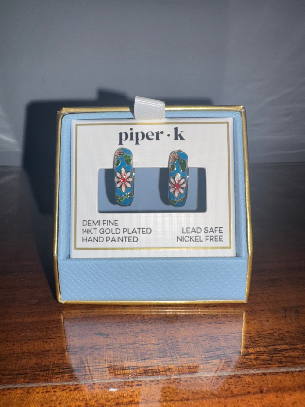 Piper K Blue Enamel Floral Hoop Earrings with Pink Flower Accents